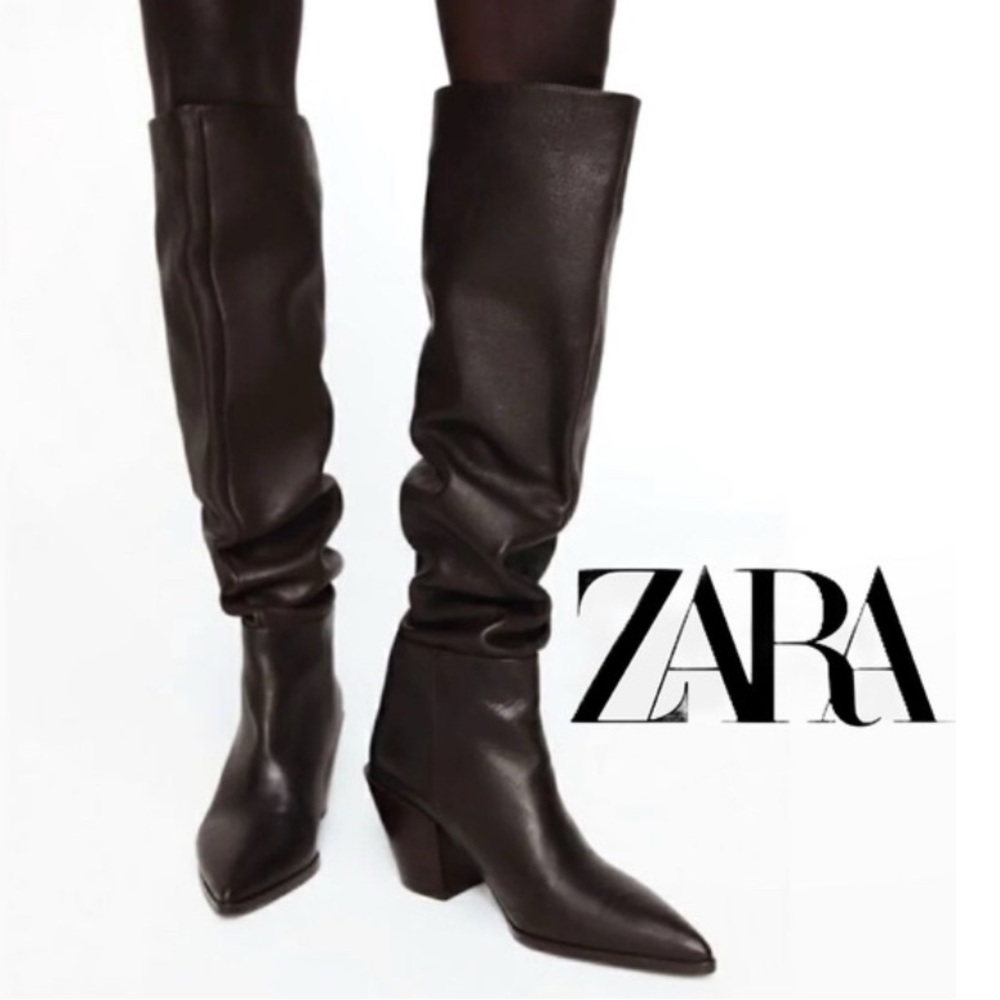 ZARA NWOT HEELED BROWN LEATHER KNEE HIGH/SLOUCH BOOTS SZ 6.5 37 REF:2006/610